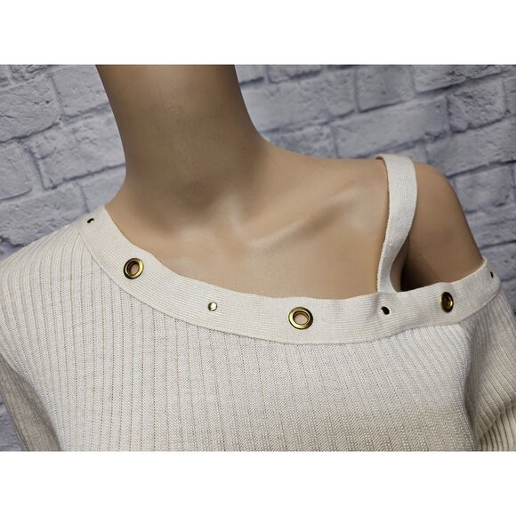 VENUS S IVORY CREAM COLD SHOULDER RIBBED KNIT GTOMMET TUNIC SIDE SLIT SWEATER TO - Picture 14 of 15